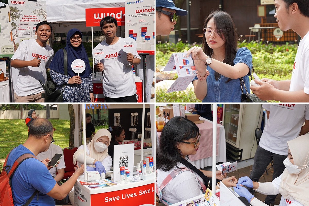 Pengunjung booth wund+™ melakukan cek gula darah sewaktu dan mencoba produk.